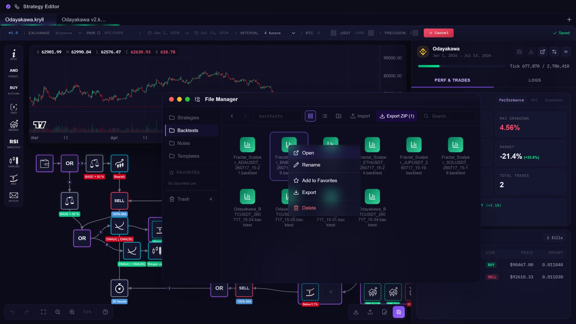The KryllOS desktop: a BTC/USDT candlestick chart, the strategy composed of linked blocks underneath, the file manager open on a list of backtests, and the performance panel on the right.