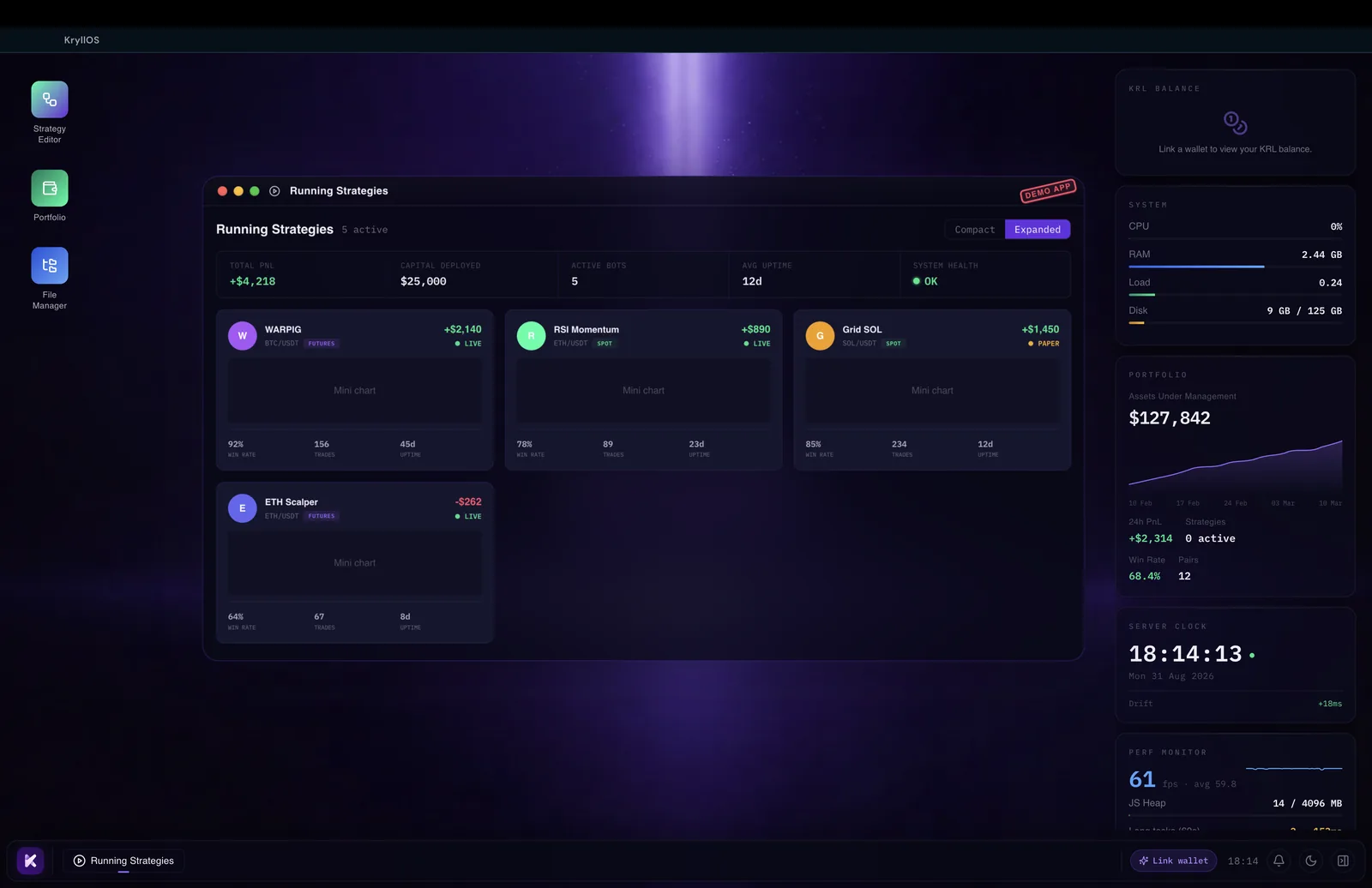 El escritorio de KryllOS con las estrategias en marcha: cuatro bots (WARPIG, RSI Momentum, Grid SOL, ETH Scalper), cada uno con su mercado, su modo (live o paper) y su resultado actual, y el panel del sistema a la derecha (saldo KRL, CPU, RAM, wallet).